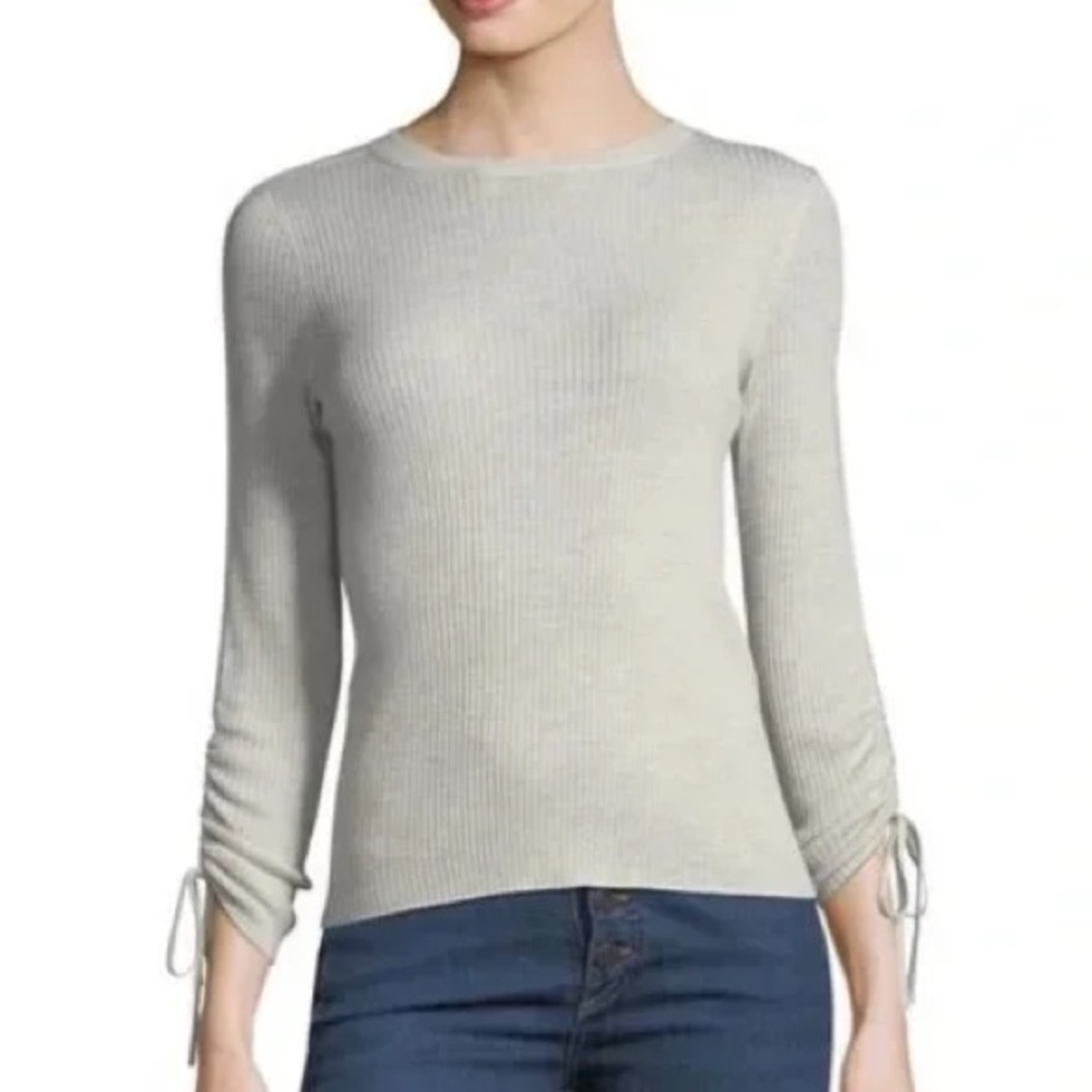 Veronica Beard Light Gray Ribbed Tie-Cuff Sweater